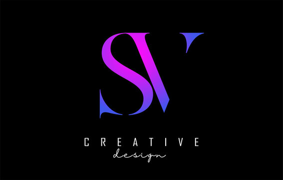 Colorful pink and blue SV s v letter design logo logotype concept with serif font and elegant style. Vector illustration icon with letters S and V.