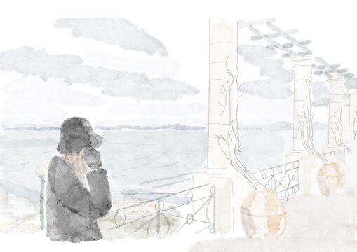 watercolor sketch of the girl and panoramic view near colonnade