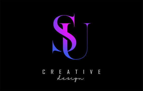 Colorful pink and blue SU s u letter design logo logotype concept with serif font and elegant style. Vector illustration icon with letters S and U.