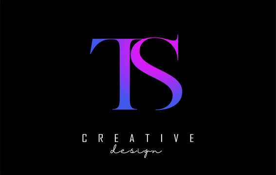 Colorful pink and blue TS t s letter design logo logotype concept with serif font and elegant style. Vector illustration icon with letters T and S.