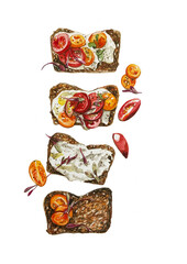 Brotzeit. Brot mit Tomaten. Aquarell Illustration. Watercolor illustration.Bread with tomatoes. Isoliert auf weißem Hintergrund.
