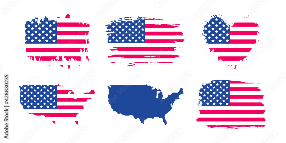 Wall mural united states of america grunge flag set. usa brush stroke and heart shape textured flag, usa vector