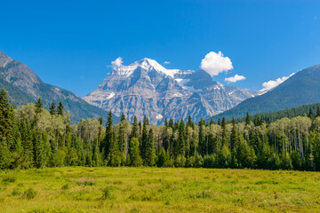 Fototapeta premium Scenery of high mountain peak over blue sky with white clouds and green foreground.