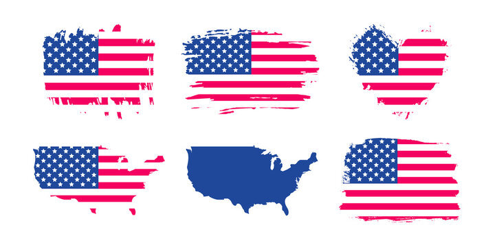 United States of America grunge flag set. USA brush stroke and heart shape textured flag, USA vector map in american national flag colors.