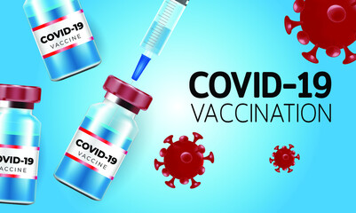 Covid-19 corona virus vaccination with vaccine bottle and syringe injection tool, Coronavirus vaccine banner background, Vector