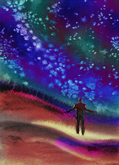 Man at the edge of the milky way. Colorful textured fantastic landscape with stylized starry sky