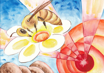 Stylized sunny landscape of a fairyland. The Bee works until sunset