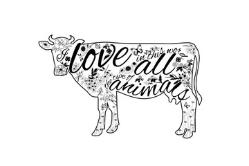 Cow with black-white floral ornament, Wildflowers. Save the planet. Do not eat animals. Love all animals. Save and love animals. Farm animal. Go vegan and vegetarian concept illustration for book, t-s