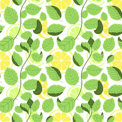 Seamless pattern with mint, lemon slices and lime slices. For prints, backgrounds, wrapping paper, textile, wallpaper, etc. 