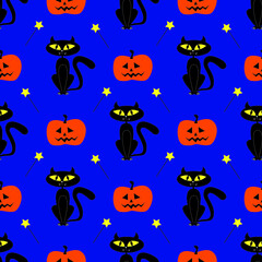 Halloween cats and pumpkins on blue background for greetings. Seamless pattern. Vector illustration.