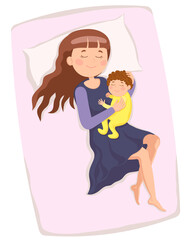 Happy mother with child hug rest, sleeping on bed.
Vector illustration in a flat style.