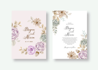 Wedding invitation card with watercolor rose flower