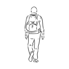 Fototapeta na wymiar Woman traveler with backpack in continuous line art drawing style. Hiking and camping activity. Black linear sketch isolated on white background. Vector illustration