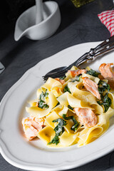 Tagliatelle with salmon and spinach in a cream sauce