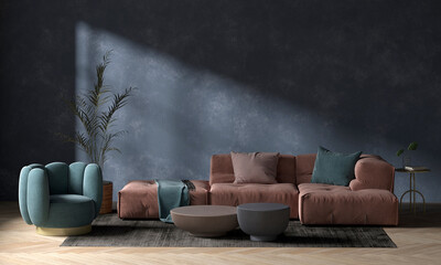 Modern interior of lounge and cozy living room design and blue wall background, 3d rendering