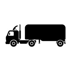 Truck tractor icon. Old small lorry with a semitrailer. Black silhouette. Side view. Vector simple flat graphic illustration. The isolated object on a white background. Isolate.