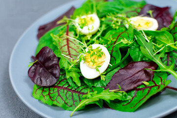 Quail eggs boiled on a lettuce leaf with microgreen sprouts. Proper nutrition. Vegan food. Close-up.