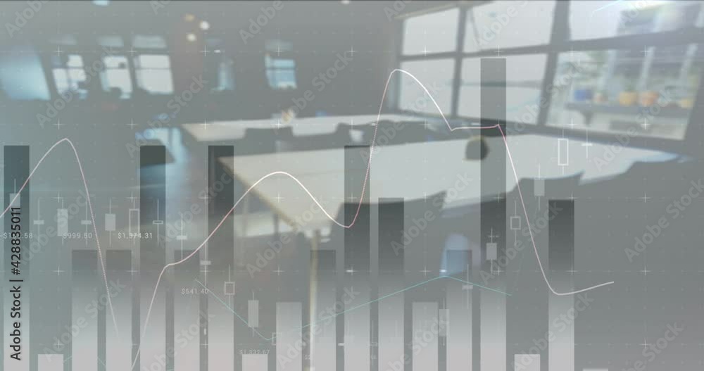 Poster animation of financial data processing over empty office