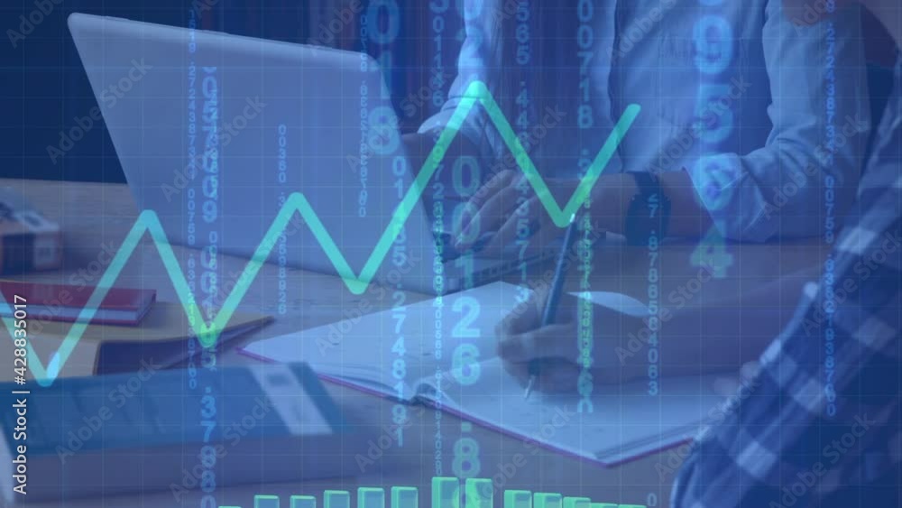 Poster animation of financial data processing over people working in office using laptop