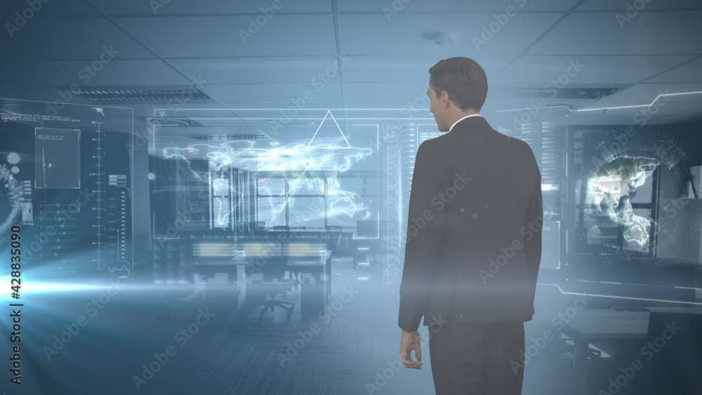 Aufkleber animation of businessman touching interactive screens with financial data processing