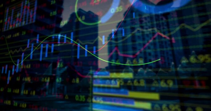 Animation of financial data processing over cityscape