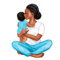 Watercolor illustration of an African American woman with a baby, a woman with a baby in her arms 
