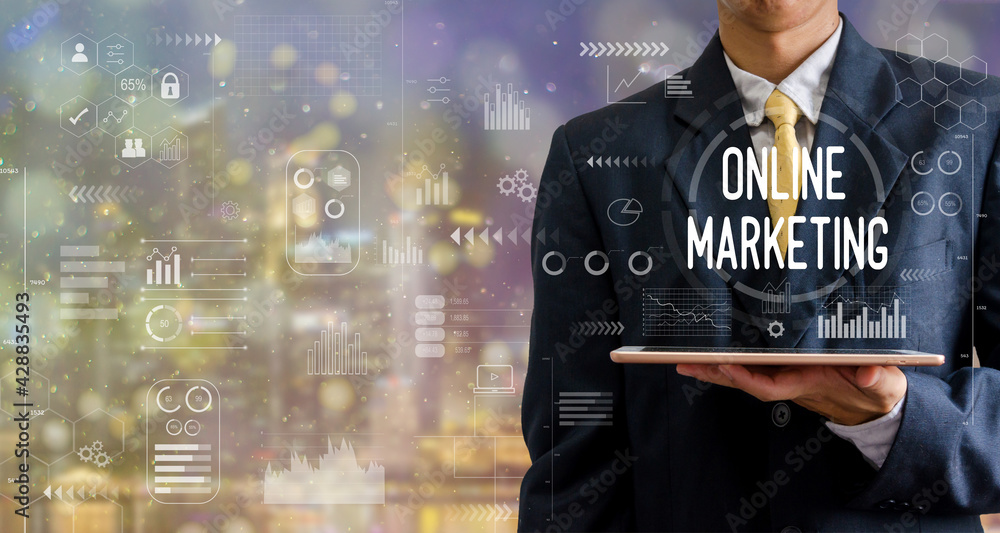 Poster businessman holding a tablet computer online marketing icon graph abstract backgrounds with bokeh.