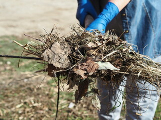 A woman carries dried plants on a pitchfork. General cleaning of the territory from debris and last year's dried plants.The concept of keeping our planet clean.