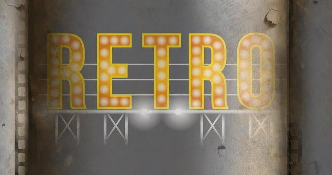 Animation of retro vintage text in yellow with light bulbs on grey metallic background