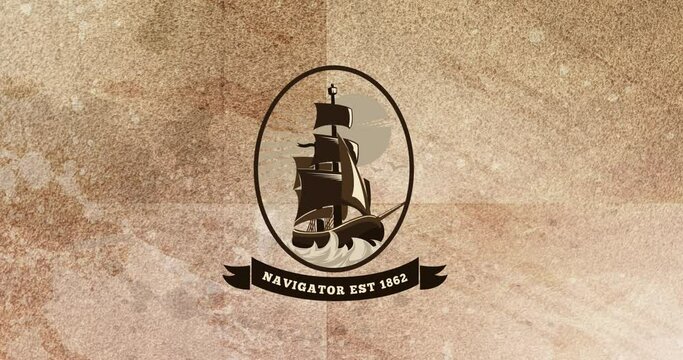 Animation of plaque with ship and navigator est 1862 text moving on brown distressed background