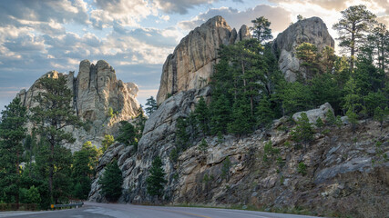 Mount Rushmore National Memorial at sunrise - side view profile of George Washington in the morning...