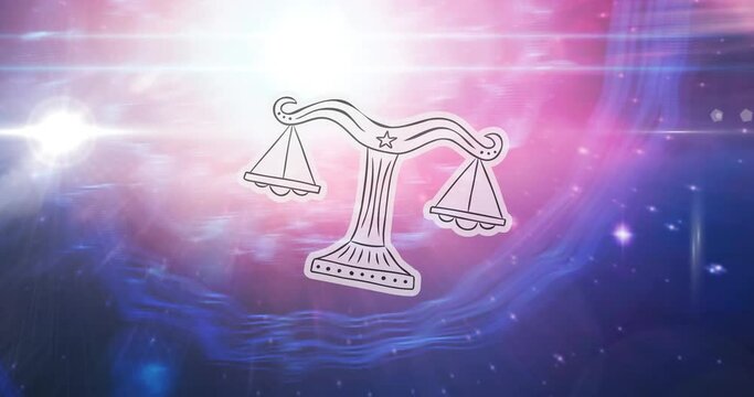 Animation of libra star sign over sun shining and stars on night pink to blue sky