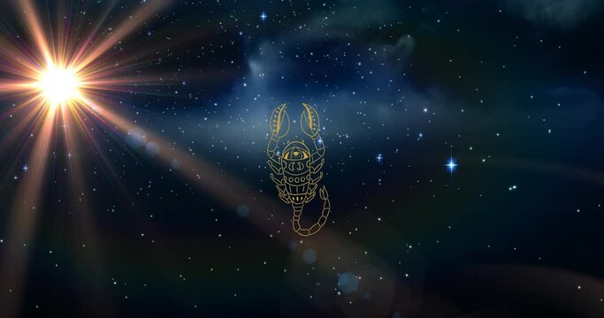 Animation of scorpio star sign over sun shining and stars on night blue sky