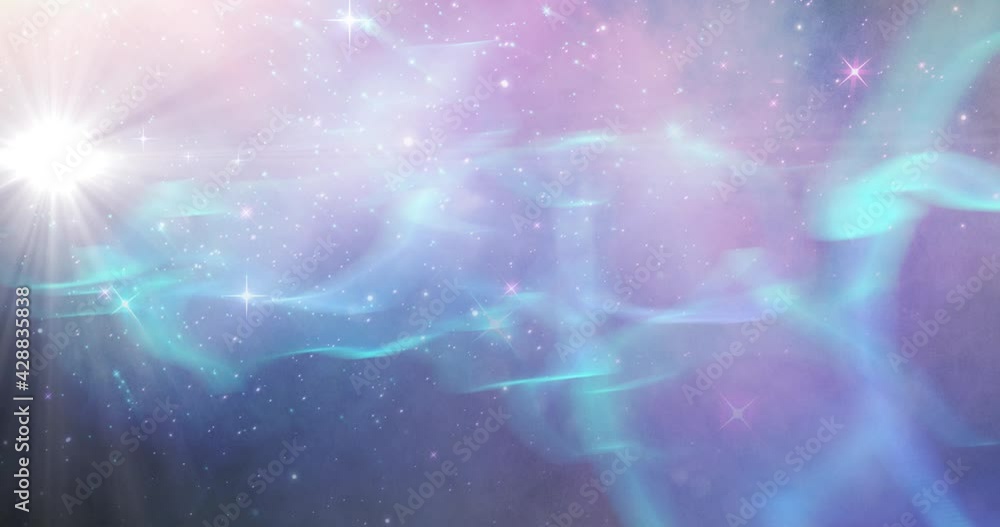 Wall mural animation of glowing stars on blue, pink and purple light trails in universe