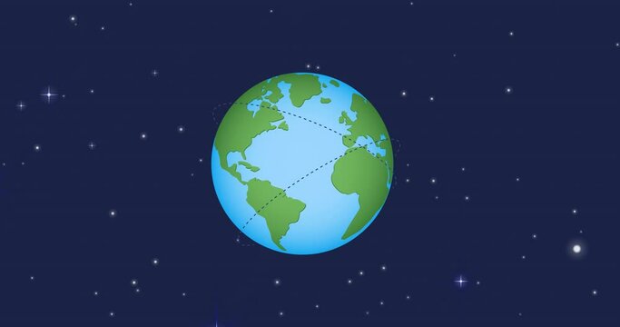 Animation of universe with planet earth with flight trajectory and stars on blue sky