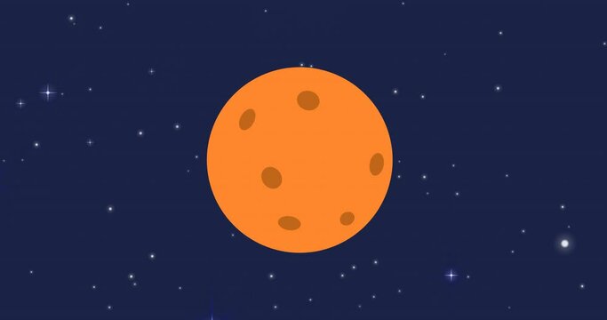 Animation of universe with orange moon and stars on blue sky