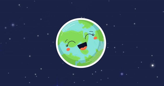 Animation of universe with smiling planet earth and stars on blue sky