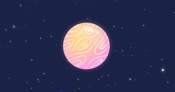 Animation of universe with pink and yellow planet with white lines and stars on blue sky