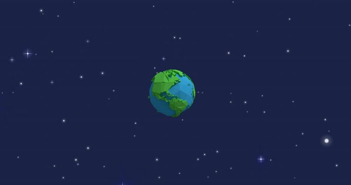 Animation of universe with blue and green planet earth and stars on blue sky