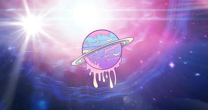 Animation of melting planet saturn over stars on blue, pink and purple light trails in universe