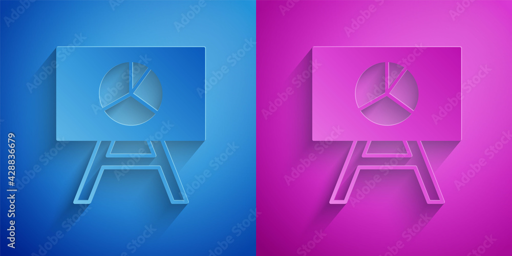 Poster paper cut board with graph chart icon isolated on blue and purple background. report text file icon.