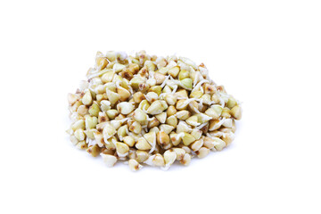 Sprouted buckwheat seeds isolated on a white background. Healthy vegan food. Vegetarian food. Nature vitamins.