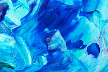 Abstract blue sea background with acrylic paint. Summer art background. Natural blue-turquoise wave texture. Impressionism in painting. Marine etude. Macrophotography of paint strokes.Contemporary art