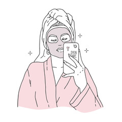 A Girl takes a selfie. Towel on the head, mask, robe. Home skincare treatments, spa procedure. Outline drawing, fashion sketch. Modern illustration in minimalist style, vector. Sticker design, banner.