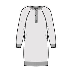 Dress Sweater henley neck technical fashion illustration with long raglan sleeves, relax fit, knee length, rib knit trim. Flat garment apparel front, grey color style. Women, men, unisex CAD mockup