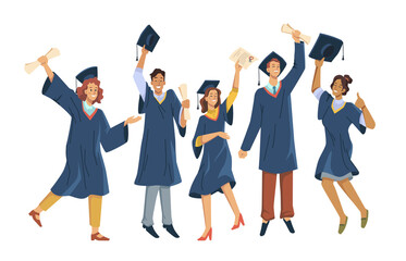 Graduated students celebrating graduation from college, university or high school. Vector happy students with diplomas wearing academic gown and mortarboard cap, group with education certificates