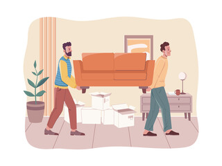 People moving to new house, room interior design. Vector loaders carrying furniture, lifting sofa. Vector new home, loading service, relocation and moving into new flat, delivery services, empty boxes