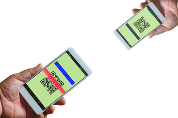 people using application on smart phone scanning QR code  for paying  substitute for using cash isolate on white