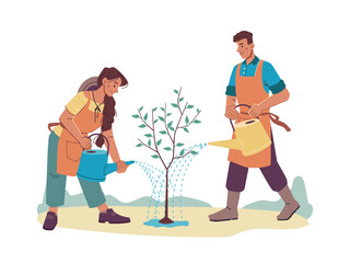 Cartoon people watering growing tree with water cans isolated man and woman farmers in aprons. Vector cartoon characters farmers gardening together. Husband wife with watering-pots, orchard planting