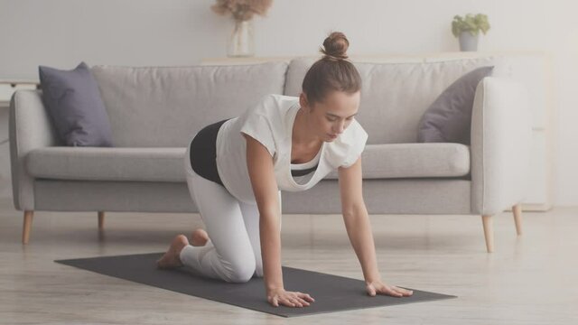 Young sporty woman exercising at home, standing on all fours and lifting leg and hand, slow motion